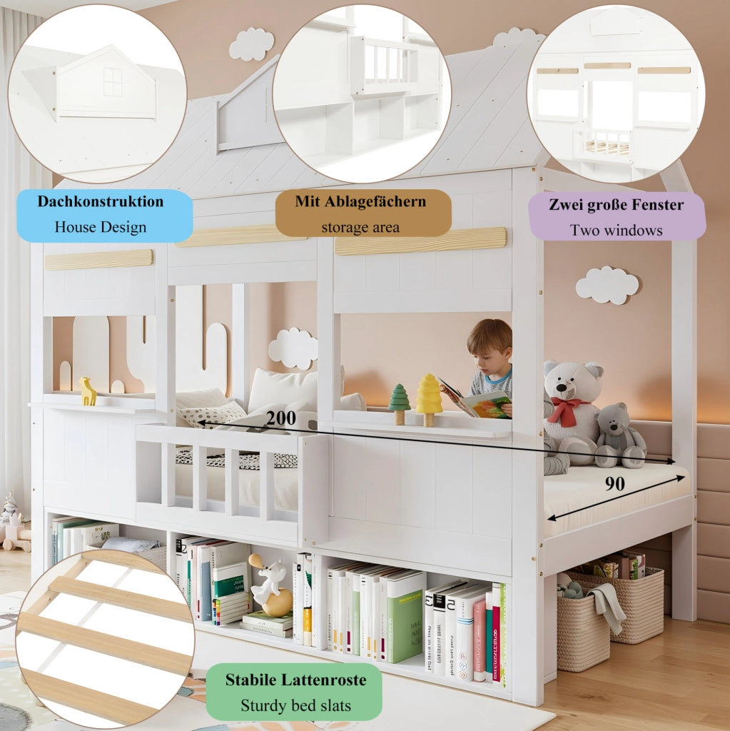 Letto a soppalco per bambini con design a casetta e libreria integrata