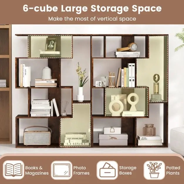 Libreria geometrica moderna a 6 scomparti e 4 ripiani, mobile scaffale aperto con kit antiribaltamento per casa e ufficio, colore caffè