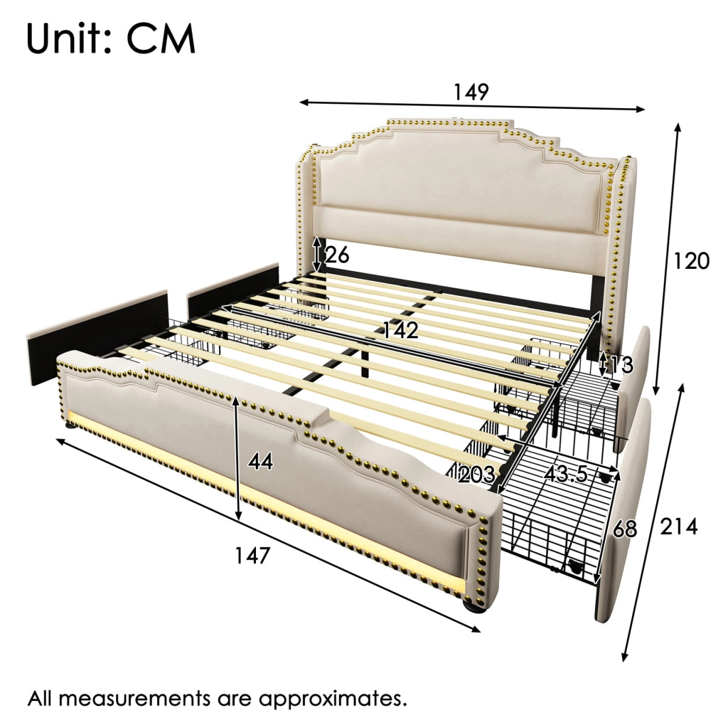Letto 140x200 con 4 cassetti; LED; USB e Type-C; velluto beige