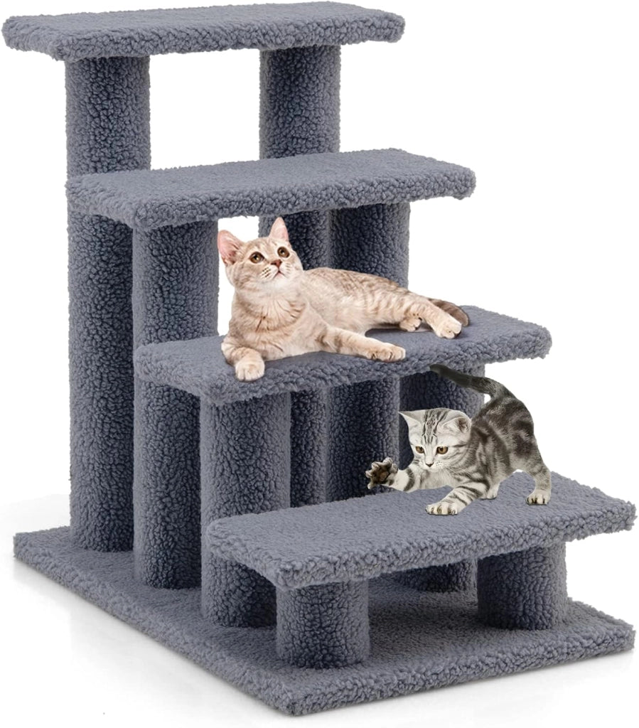 Scaletta per Cani e Gatti con 4 Gradini, Scaletta per Gatti di Taglia Piccola, Tiragraffi per Gatti a Forma di Scala, Rivestita in Tessuto Morbido, 41 x 61 x 60 cm (Grigio)