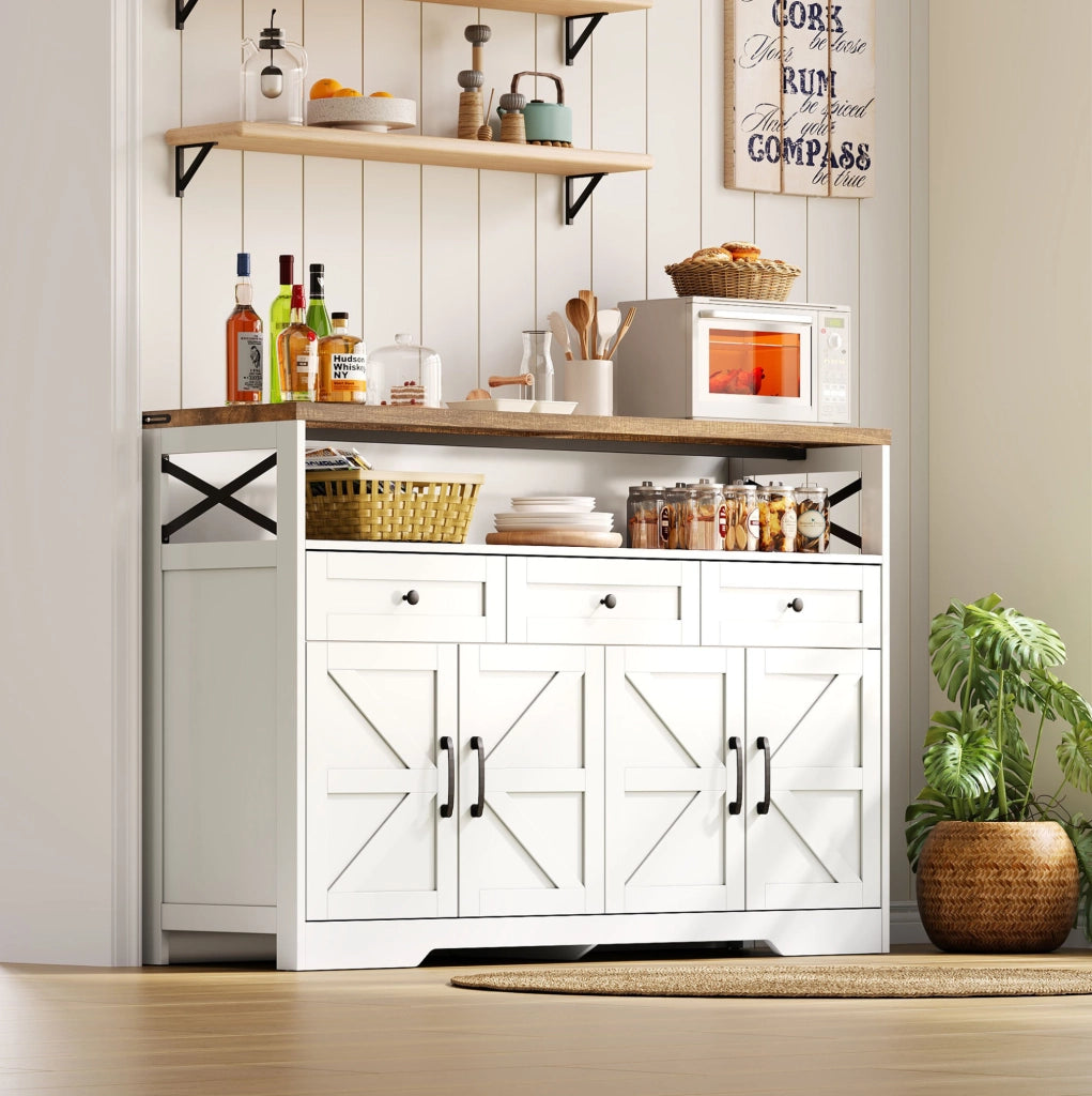 Buffet 140 cm con 3 cassetti; 2 ante e vano aperto; MDF; marrone e bianco