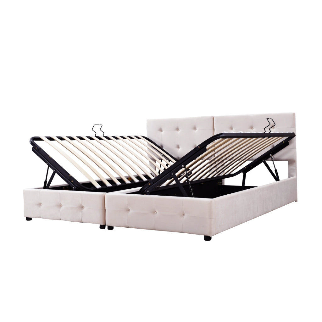Letto contenitore 180 × 200 cm trasformabile in due letti da 90 × 200 cm con rete a doghe e testiera regolabile beige