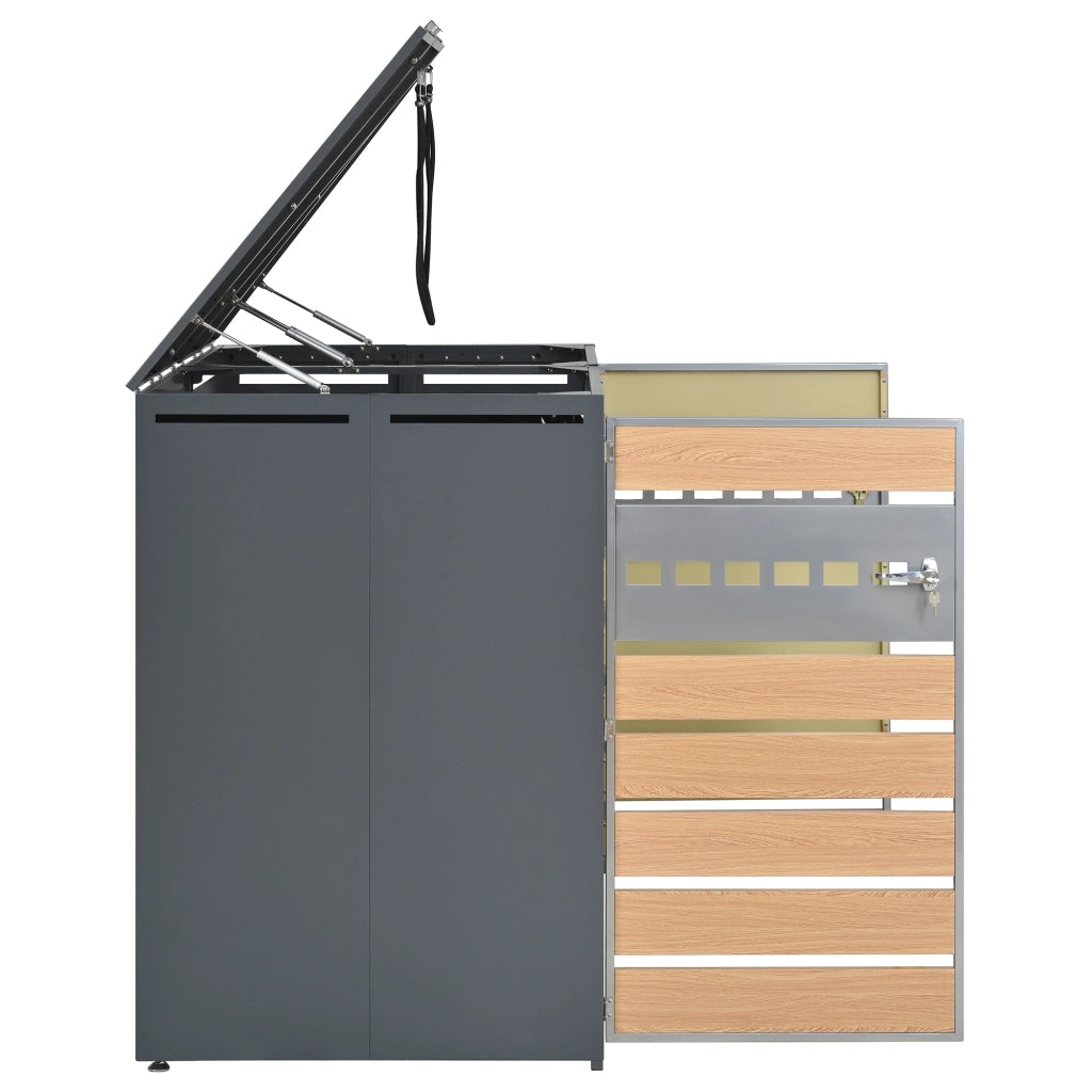 Copribidoni da giardino a 2 vani con coperchi idraulici e ante ventilate, acciaio grigio e legno 132 × 80 × 118.5 cm