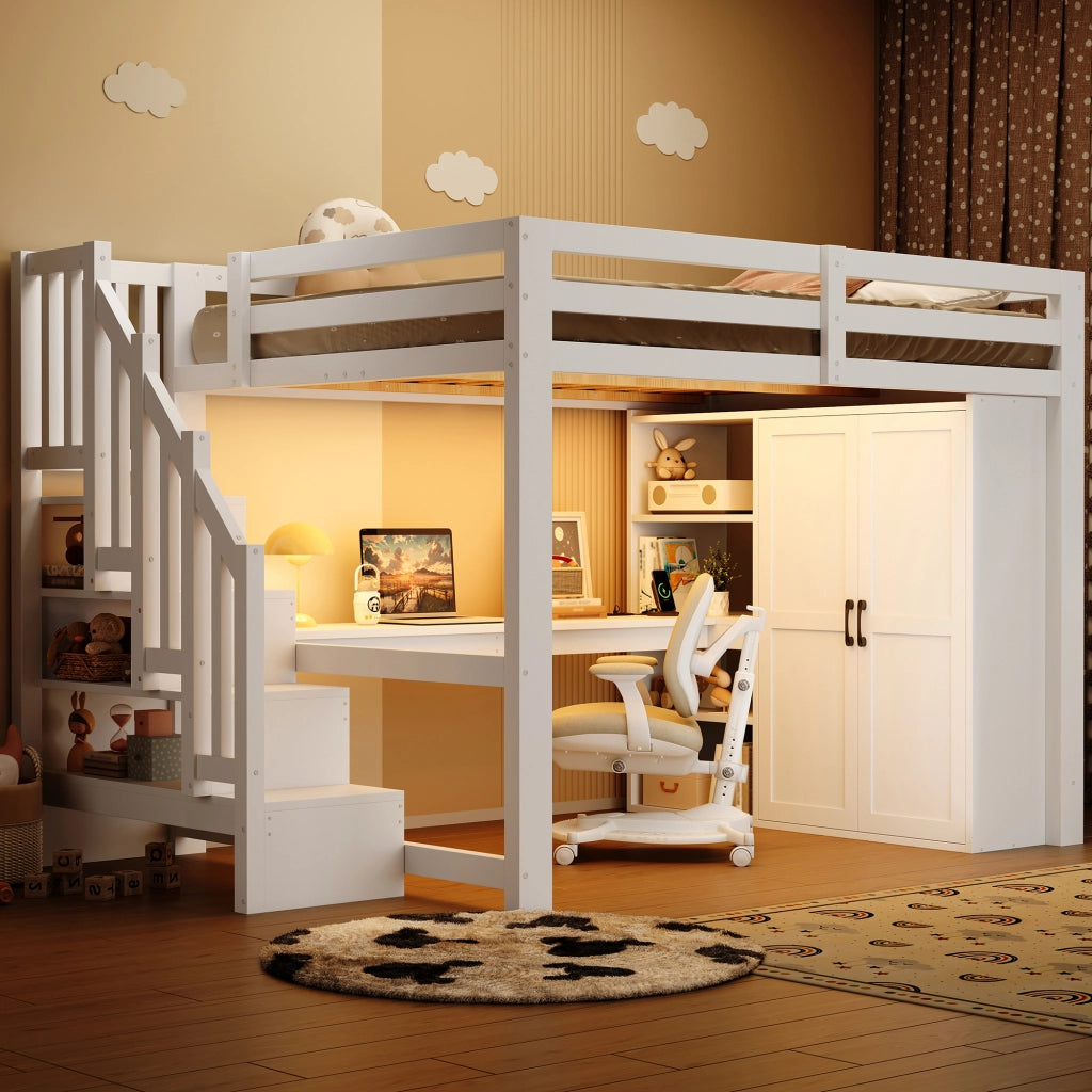 Letto a soppalco 140x200 con scrivania; armadio e LED; bianco