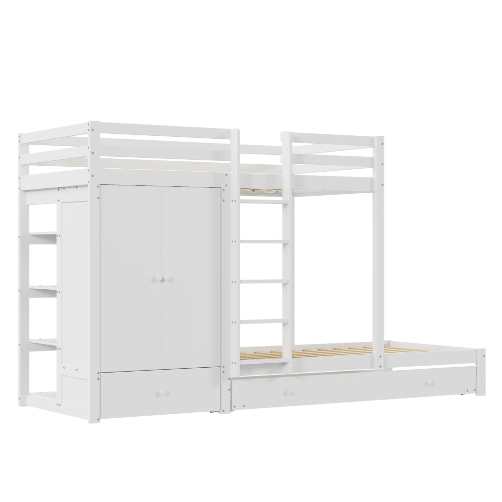 Letto a castello in legno massello 90x200 cm con letto estraibile, armadio integrato e cassetti, bianco