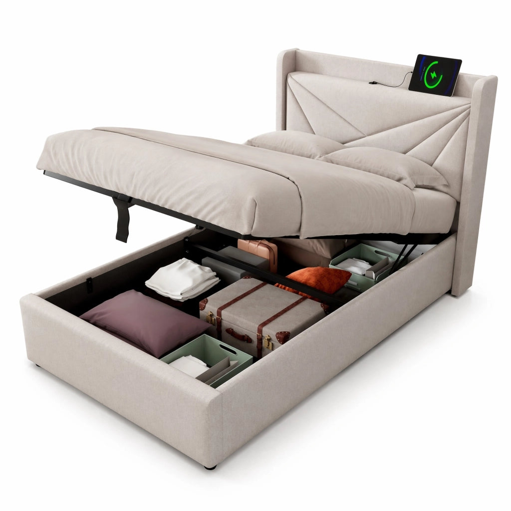 Letto singolo 90x200 con contenitore, testiera con USB e USB-C