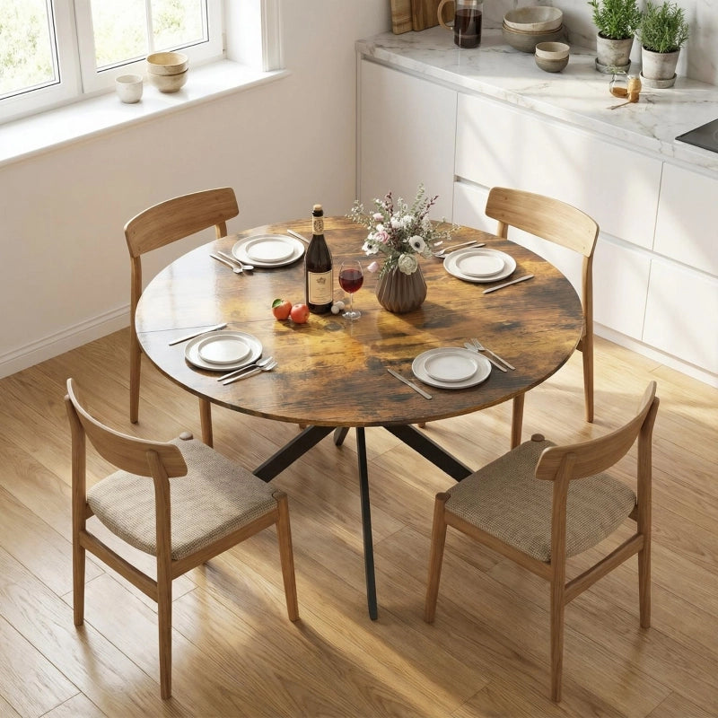 Tavolo da pranzo rotondo per 4 persone con gambe in acciaio a X e piano in legno marrone rustico diametro 120 cm