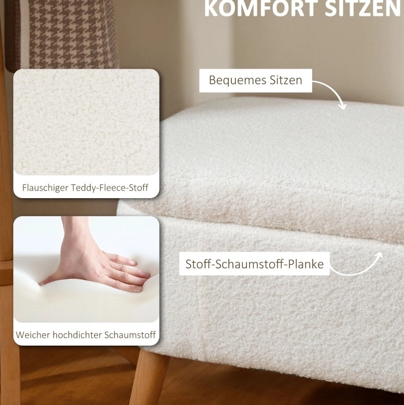 Panca portaoggetti con 65 L di spazio, rivestimento in fleece crema, gambe in legno di caucciù, 120 x 42 x 45 cm