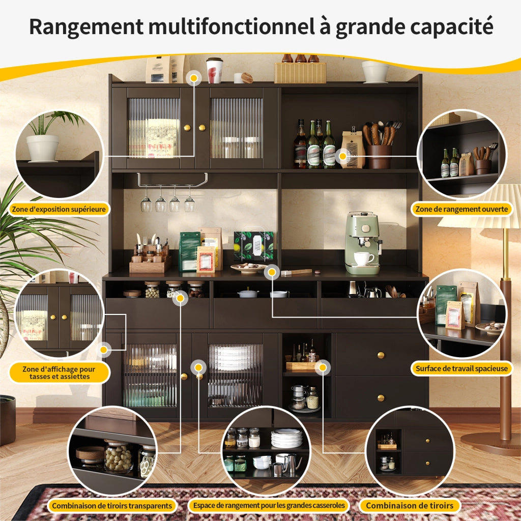 Credenza con ante in vetro scanalato portabottiglie ripiani aperti cassetti MDF nero 145 × 39 × 171 cm