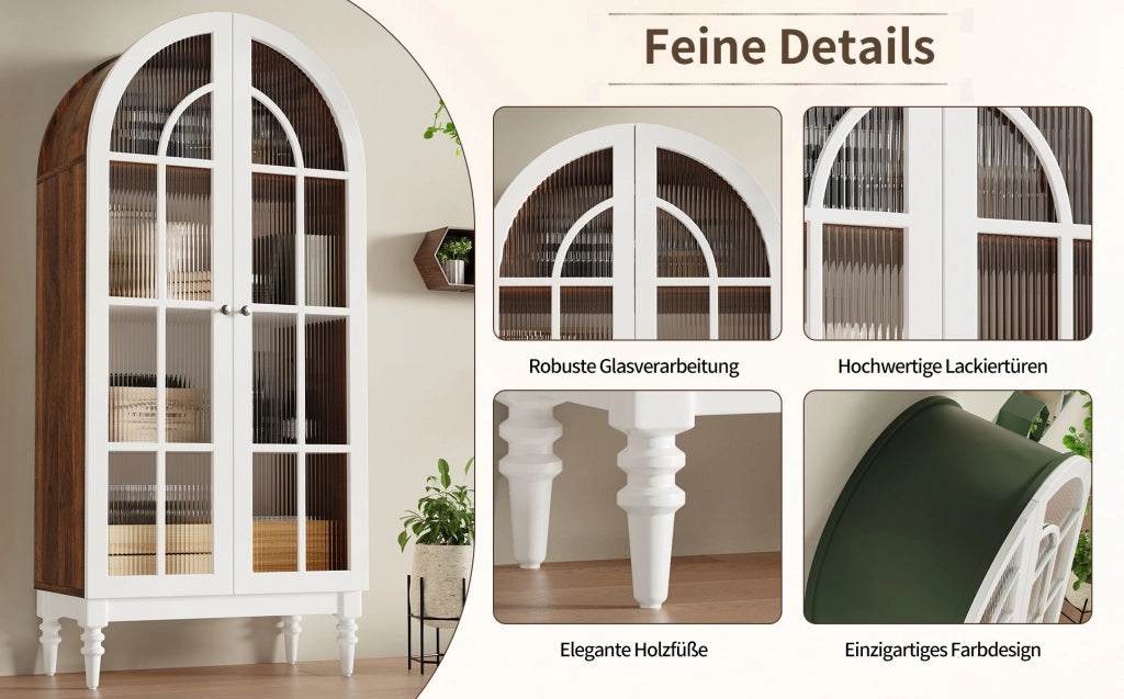 Vetrina ad arco 165 cm con ante doppie in vetro scanalato, 3 ripiani, MDF e metallo, finiture noce e bianco