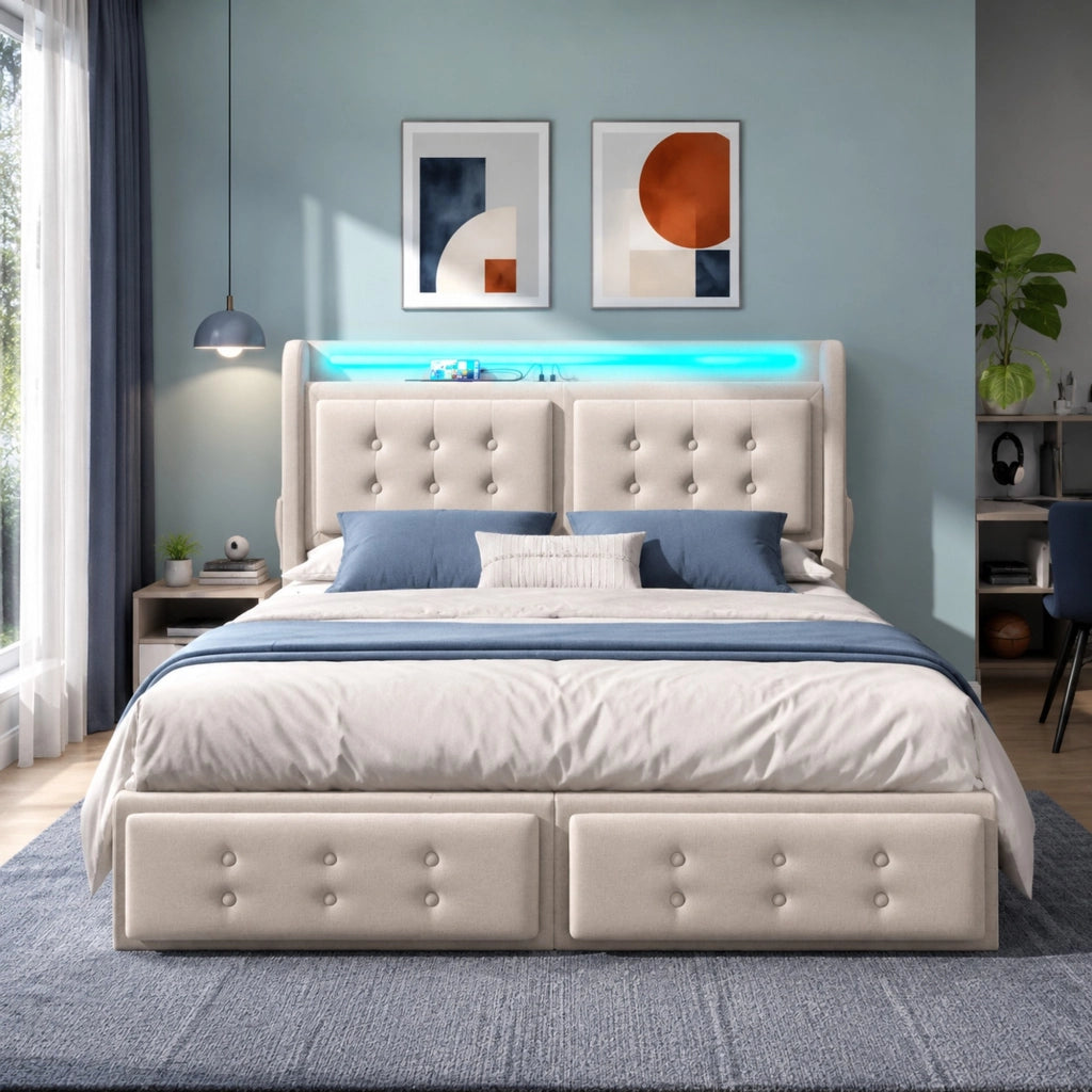 Letto imbottito 140x200 cm beige con LED, USB-C, prese e 4 cassetti