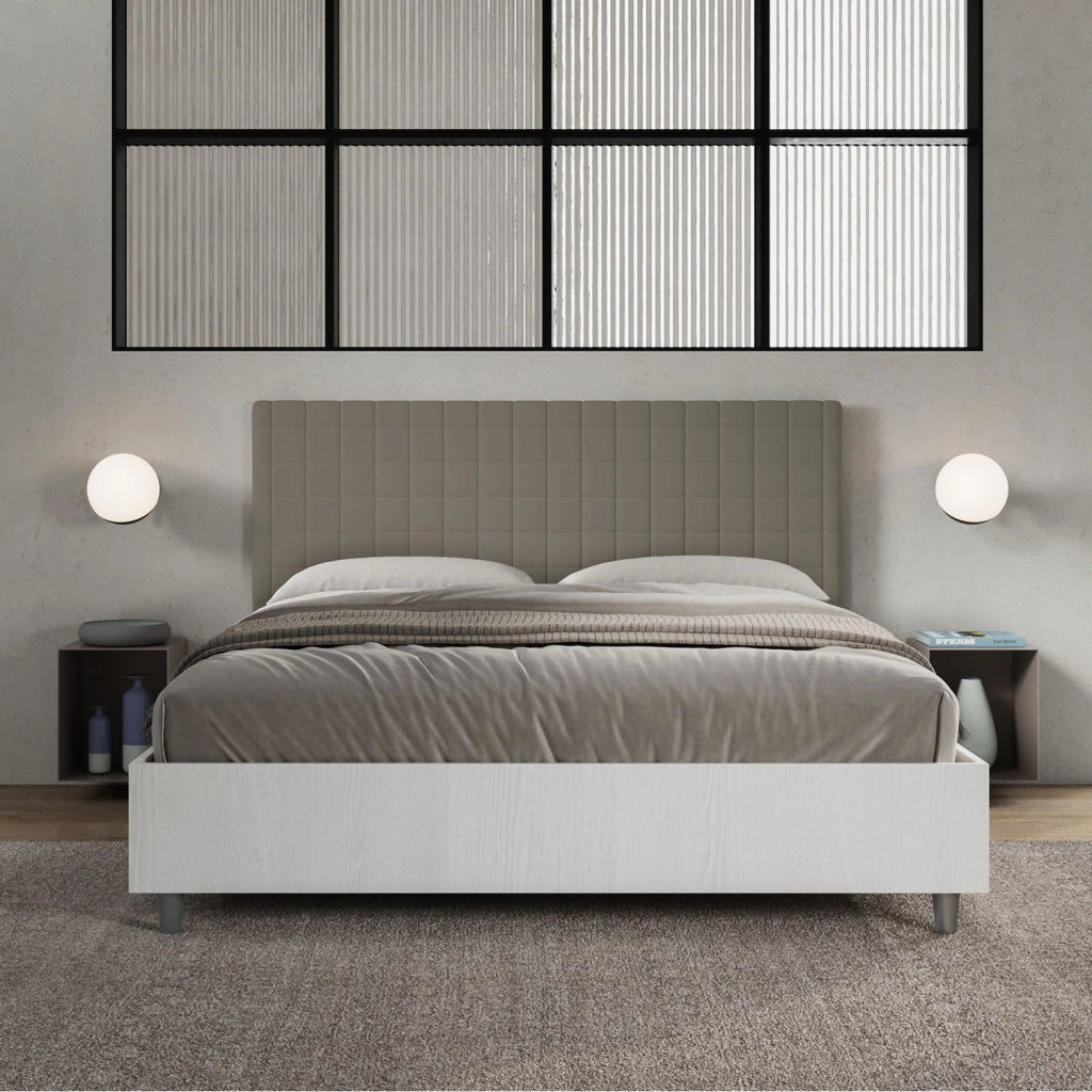 BS COM Letto matrimoniale con rete 160x200 bianco frassino testata similpelle cappuccino