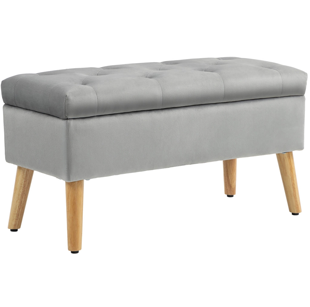 Panca con Contenitore in Tessuto Vellutato Grigio 102x35x43 cm con Gambe in Legno di Gomma