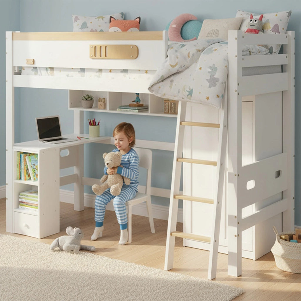 Letto a soppalco con scrivania e armadio in pino; MDF e compensato; 90x200 cm; bianco e naturale per cameretta