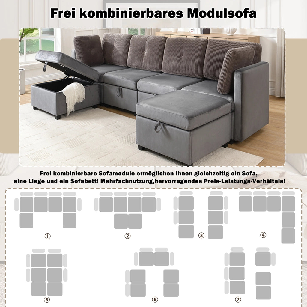 Divano modulare a U 6 moduli con contenitore e cuscini; velluto e cord; grigio antico