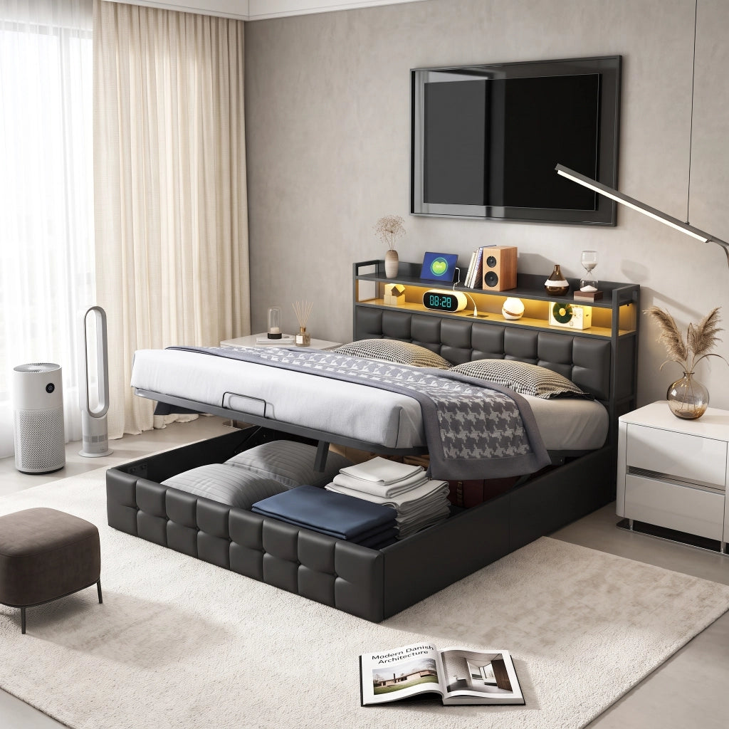 Letto matrimoniale 160x200 cm con contenitore LED USB testiera struttura letto MDF e PU - grigio