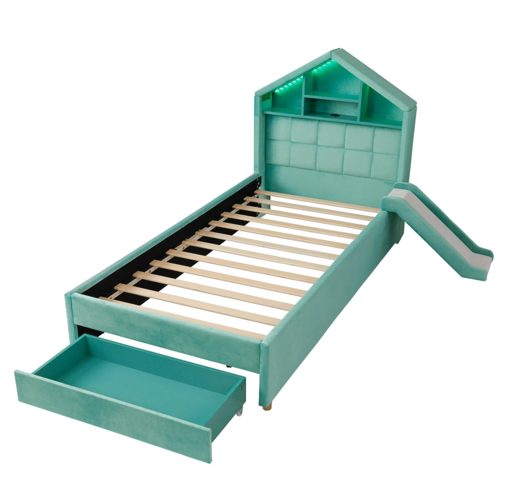 Letto bambini 90x200 cm blu verde imbottito con scivolo reversibile, illuminazione LED, porta di ricarica, ripiani e ampio contenitore sottoletto