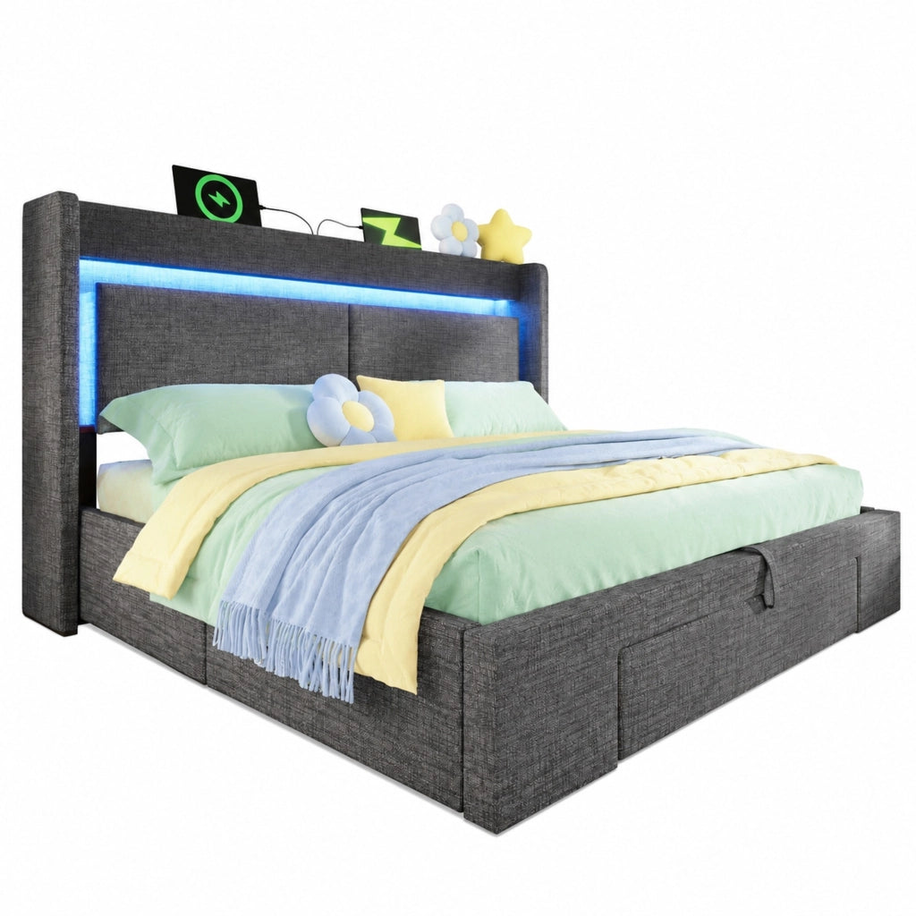 Letto imbottito 160x200 cm con contenitore idraulico, LED e porte USB, in lino grigio