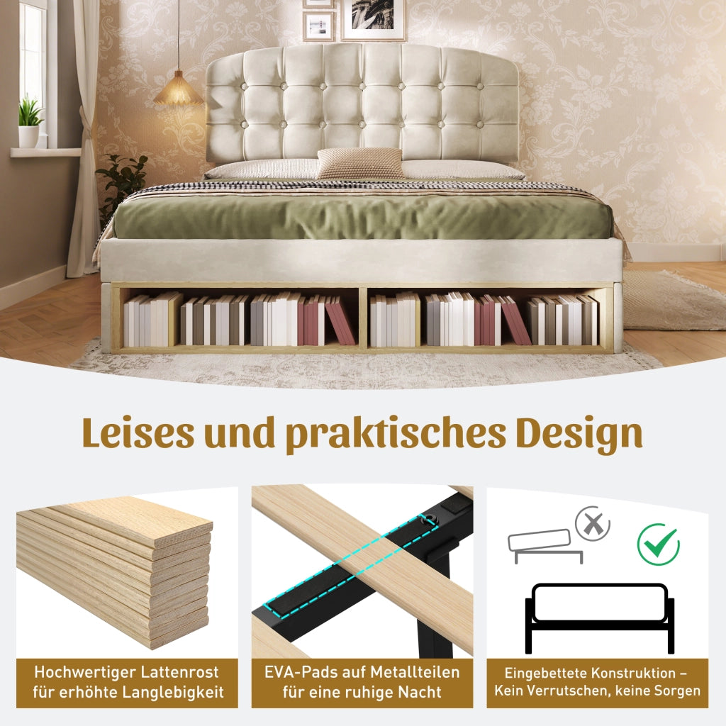 Letto con cassetti 140 × 200 cm con testiera regolabile imbottita in velluto beige e rete a doghe inclusa