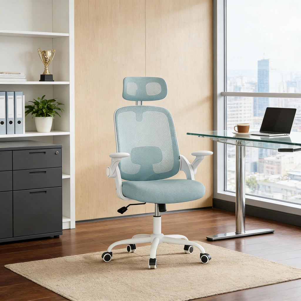 Sedia da ufficio ergonomica con schienale alto, supporto lombare e braccioli in rete blu