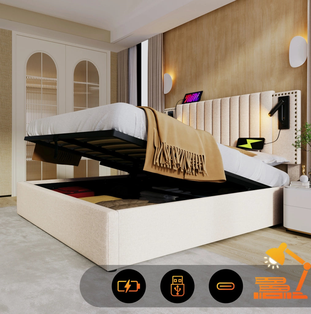 Letto matrimoniale contenitore 180x200 cm beige con luci da lettura e ricarica USB HOMVRA