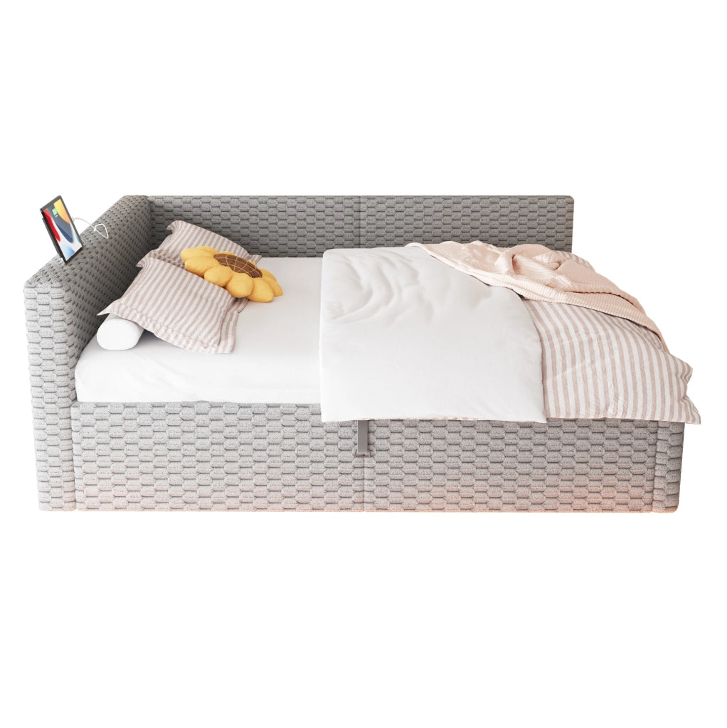 Letto imbottito 140x200 cm con illuminazione LED, ricarica USB e Type-C, schienale morbido a L, rivestimento in velluto, struttura idraulica grigio