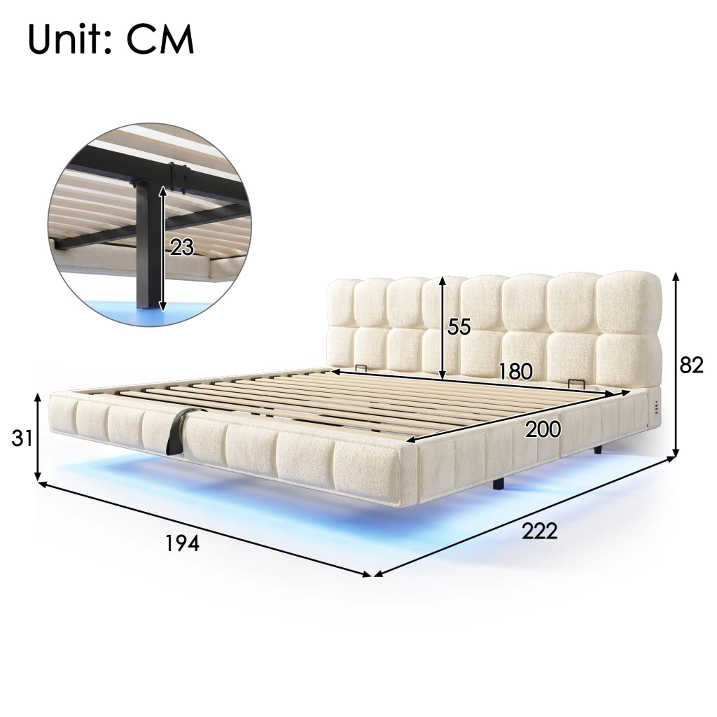 Letto contenitore 180 × 200 cm con LED e porte USB e Type-C rivestito in ciniglia beige con rete a doghe