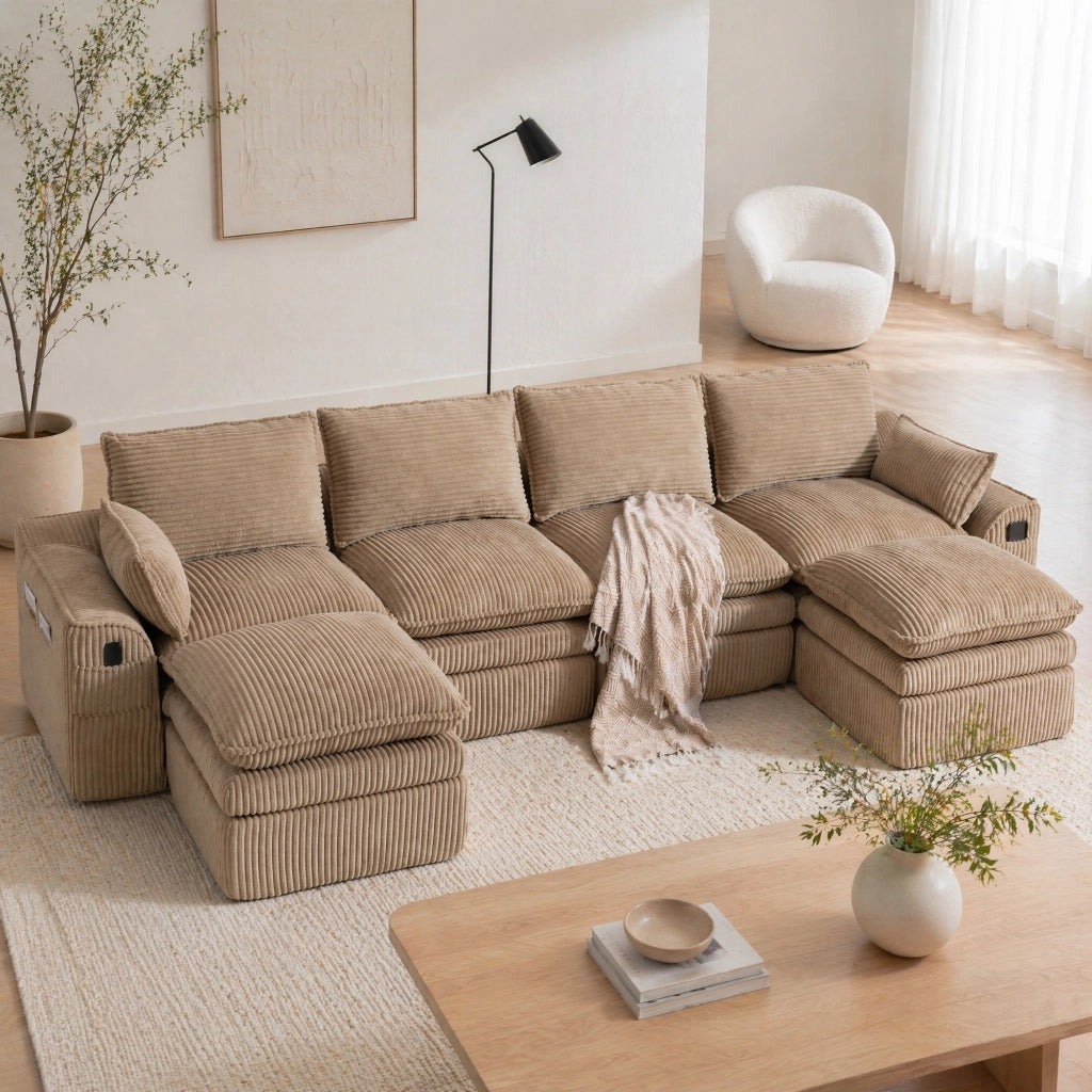 Divano modulare in velluto a coste color khaki con tasche laterali e molle interne