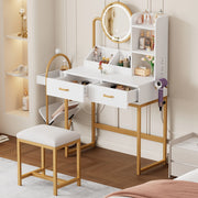 Toeletta 80x40x138,5 cm in truciolare con specchio LED, USB e sgabello bianco e oro