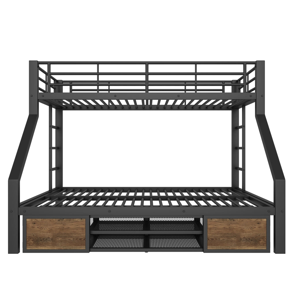 Letto a castello 3 posti 90×200 cm e 140×200 cm con scarpiera e vani; senza materasso; in metallo nero