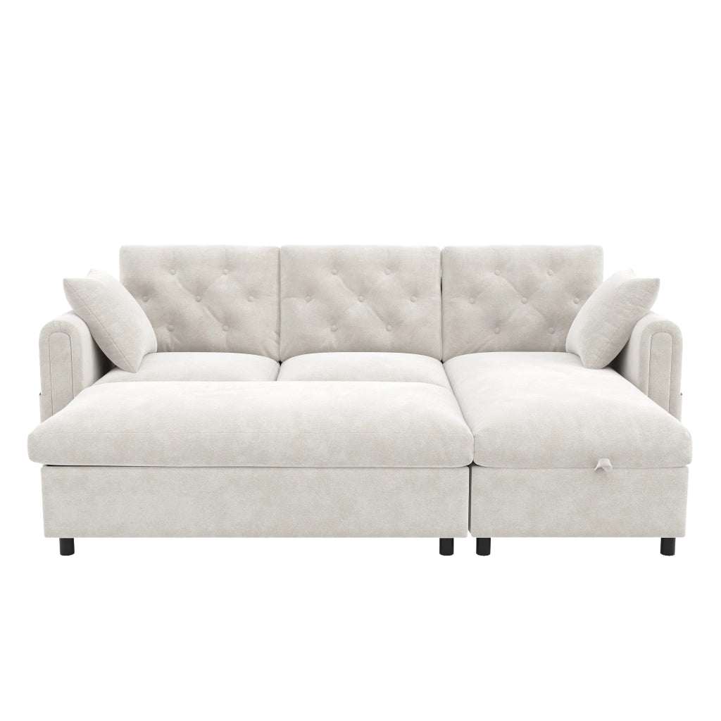 Divano letto angolare 219 cm beige con 2 cuscini e ricarica wireless