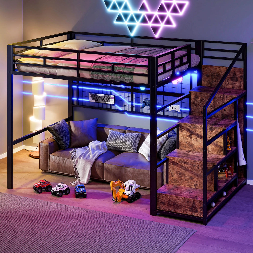 Letto a Soppalco con Armadio e LED ¨C MINIMAL ¨C Nero 140x200