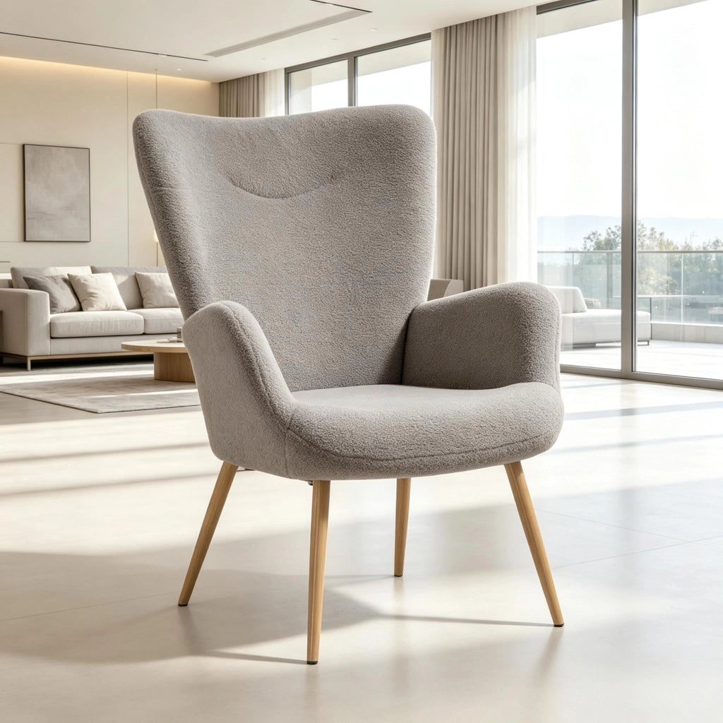 Poltrona con schienale alto e braccioli in tessuto spugna grigio con gambe effetto legno 97;5 × 71 × 74 cm