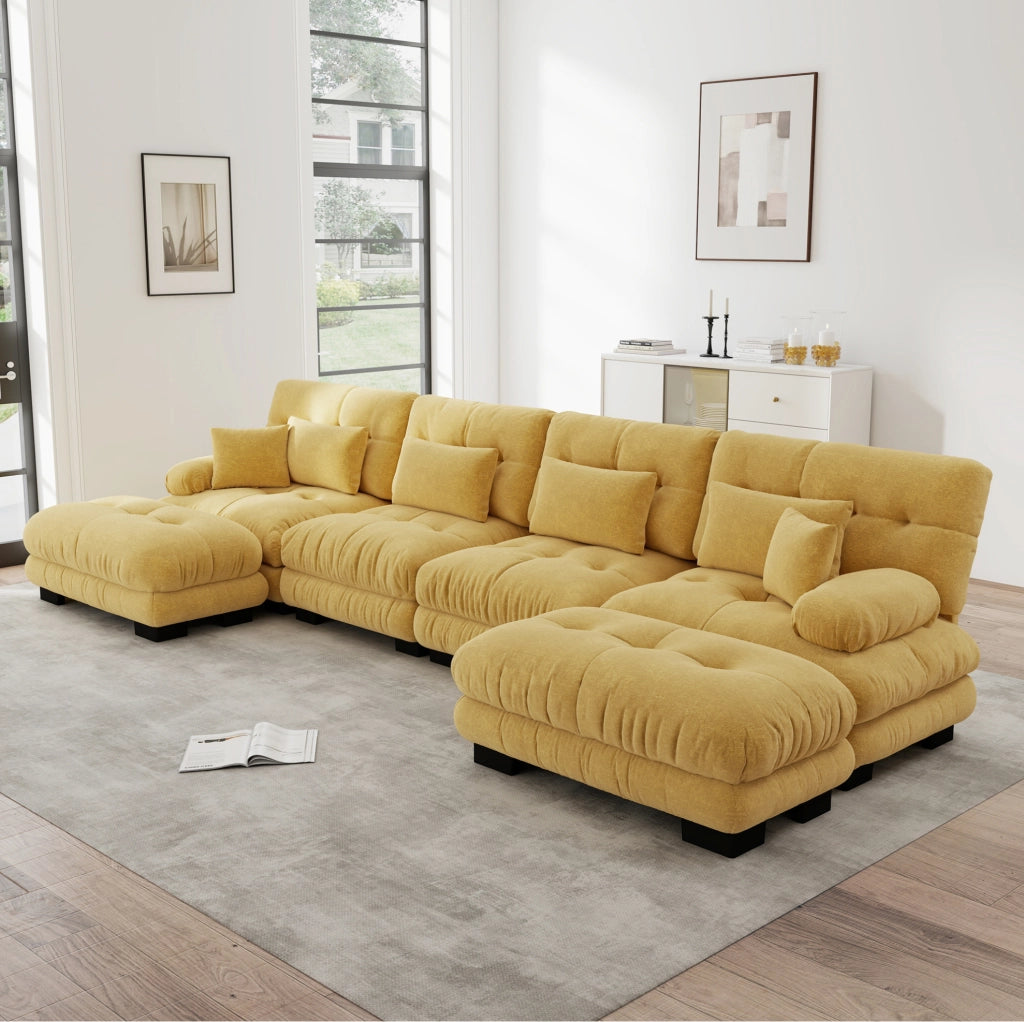 Divano modulare angolare a U 4 posti in tessuto vintage Chenille giallo con pouf mobile