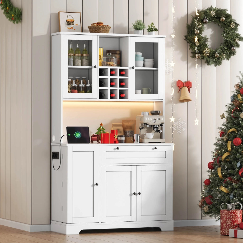 Armadio da cucina alto 180x105x40 cm con porta, ripiano spezie integrato, mensole regolabili, illuminazione LED a cambio colore e presa elettrica