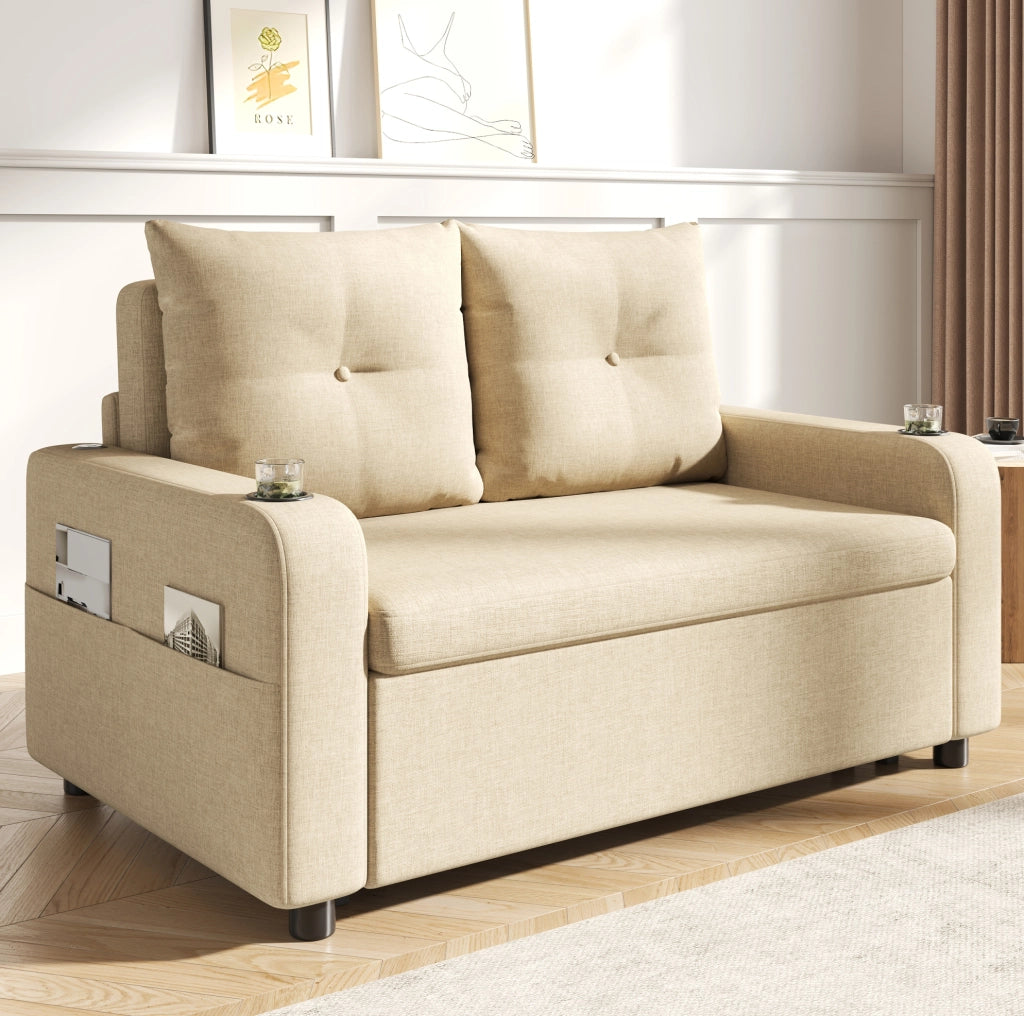 Divano Letto 3-in-1 Beige in Tessuto Effetto Lino con Porta Bicchieri e USB, 131x81x94 cm