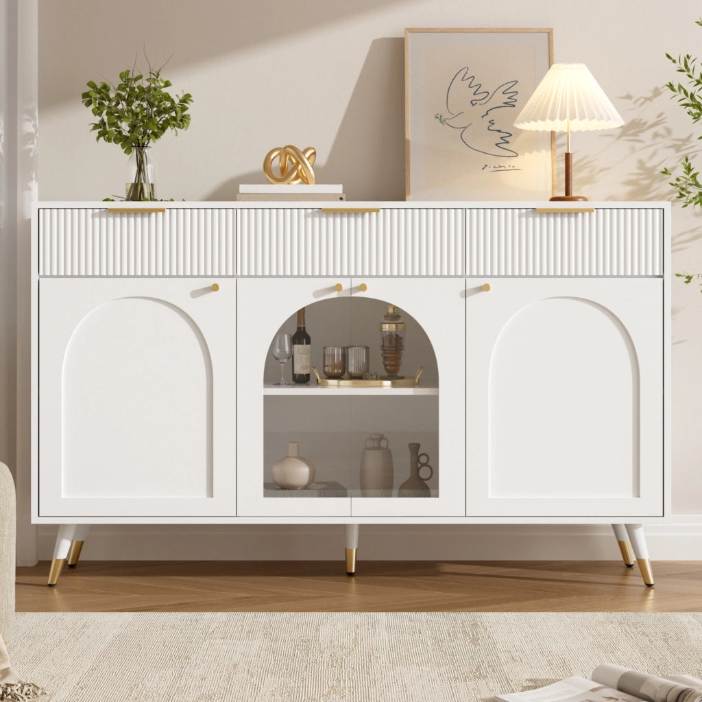 Credenza 140x40x85,5 cm bianca in MDF, 4 ante e 3 cassetti,