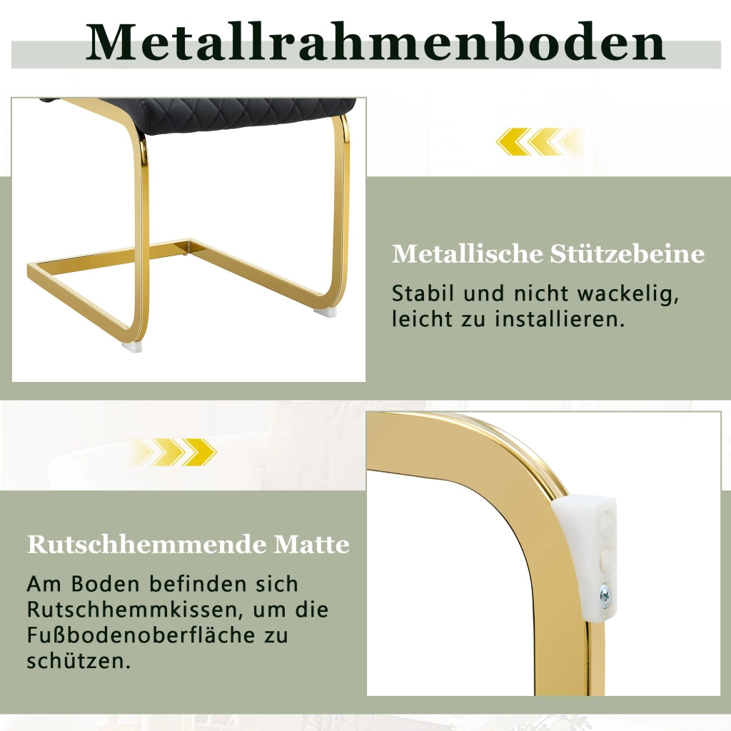Sedie da sala da pranzo set 2 con schienale alto ergonomico e imbottitura, in similpelle PU nera e metallo dorato