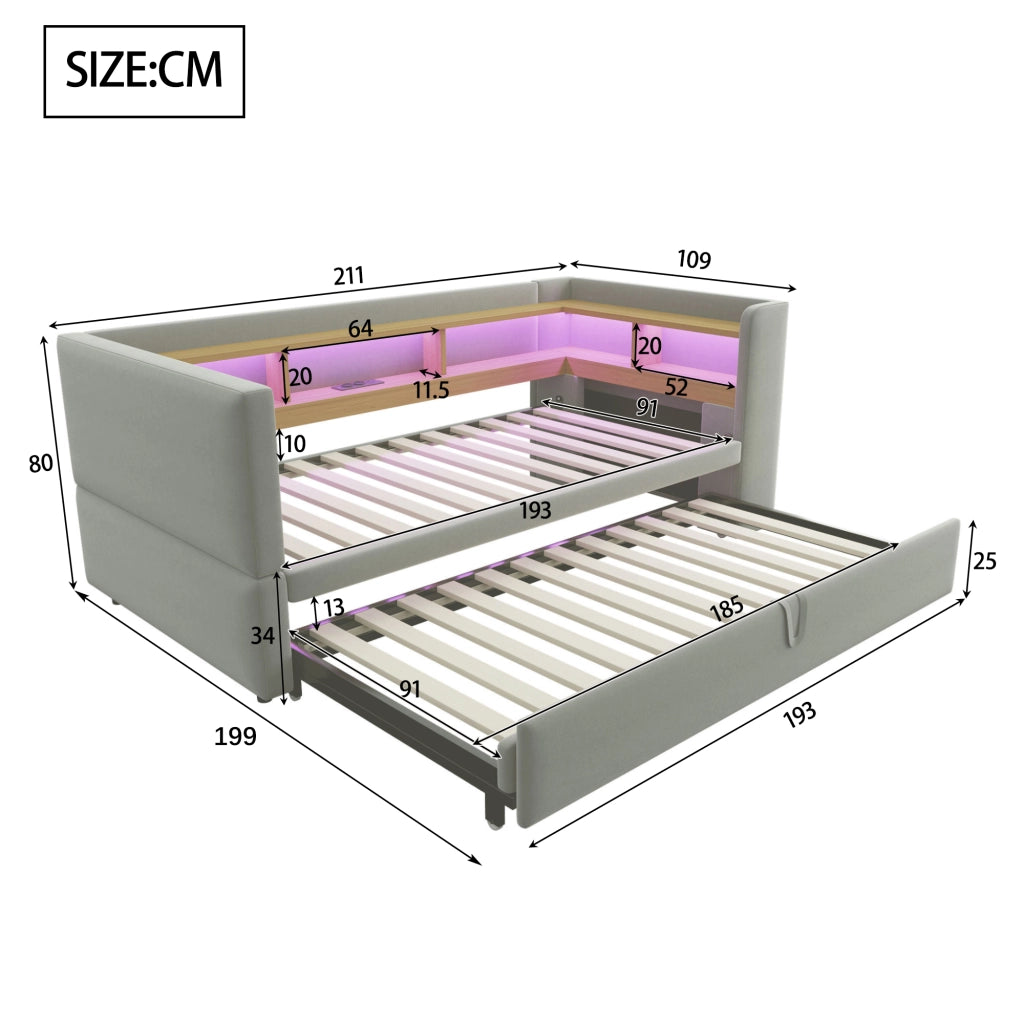 Divano letto 90/180 × 190 cm estraibile con LED prese e vani portaoggetti in flanella grigio chiaro