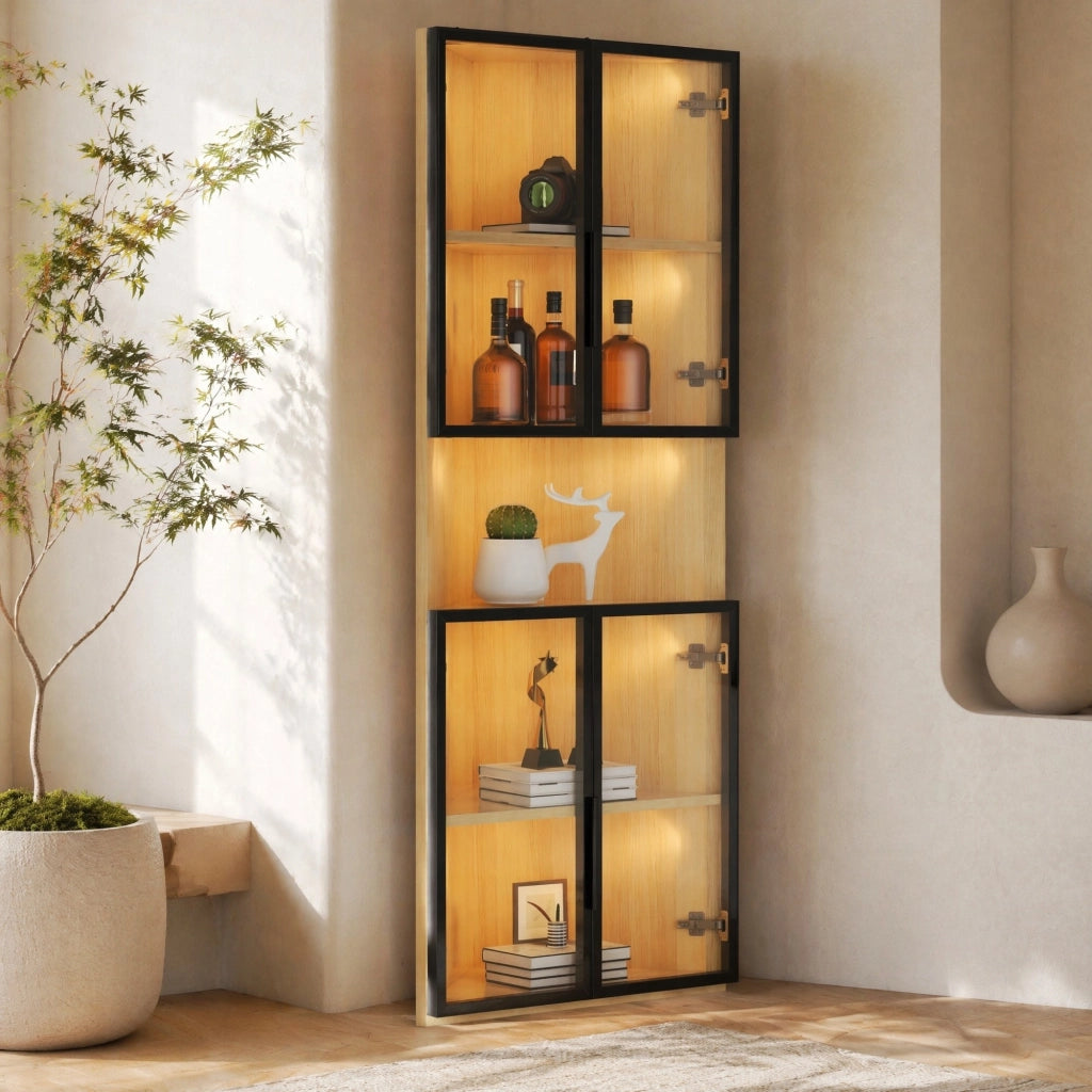 Vetrina angolare con LED 62 x 32 x 160 cm in MDF effetto rovere e vetro temperato