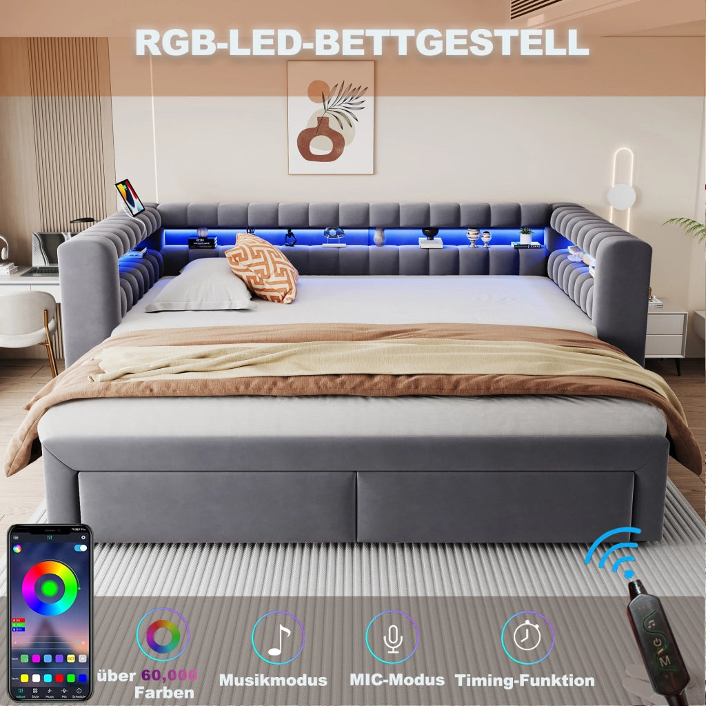 Divano letto 90 × 190 cm trasformabile in letto 180 × 190 cm con cassetti LED USB rivestito in velluto grigio