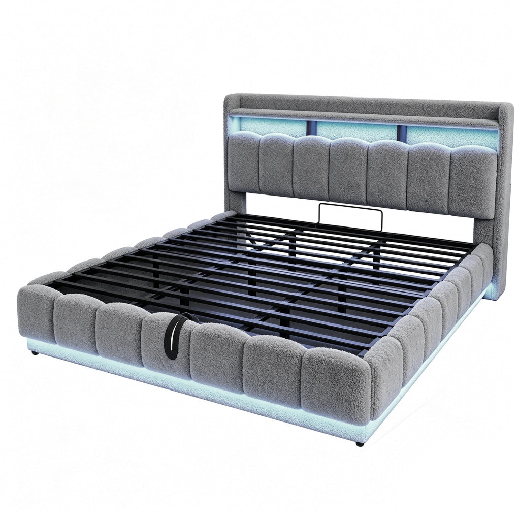 Letto contenitore imbottito ULEVR 180x200 cm con sollevamento idraulico, LED, USB e presa, tessuto boucl¨¦ grigio