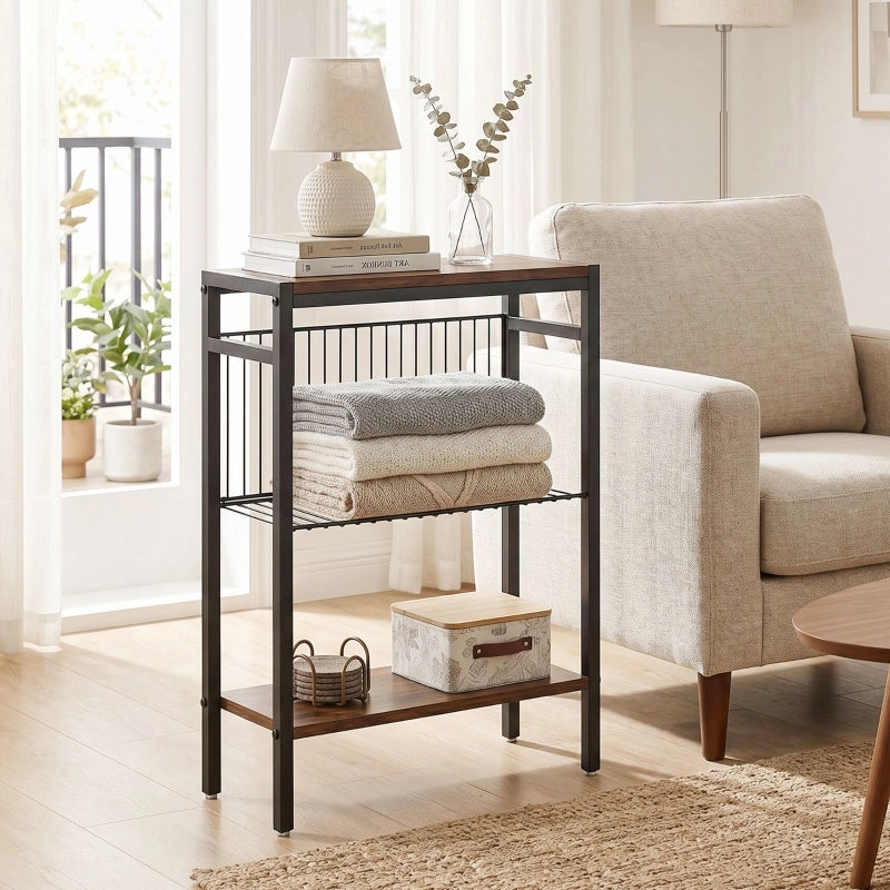 Tavolino da divano a 3 ripiani con struttura in metallo marrone rustico 43 × 18 × 62.5 cm