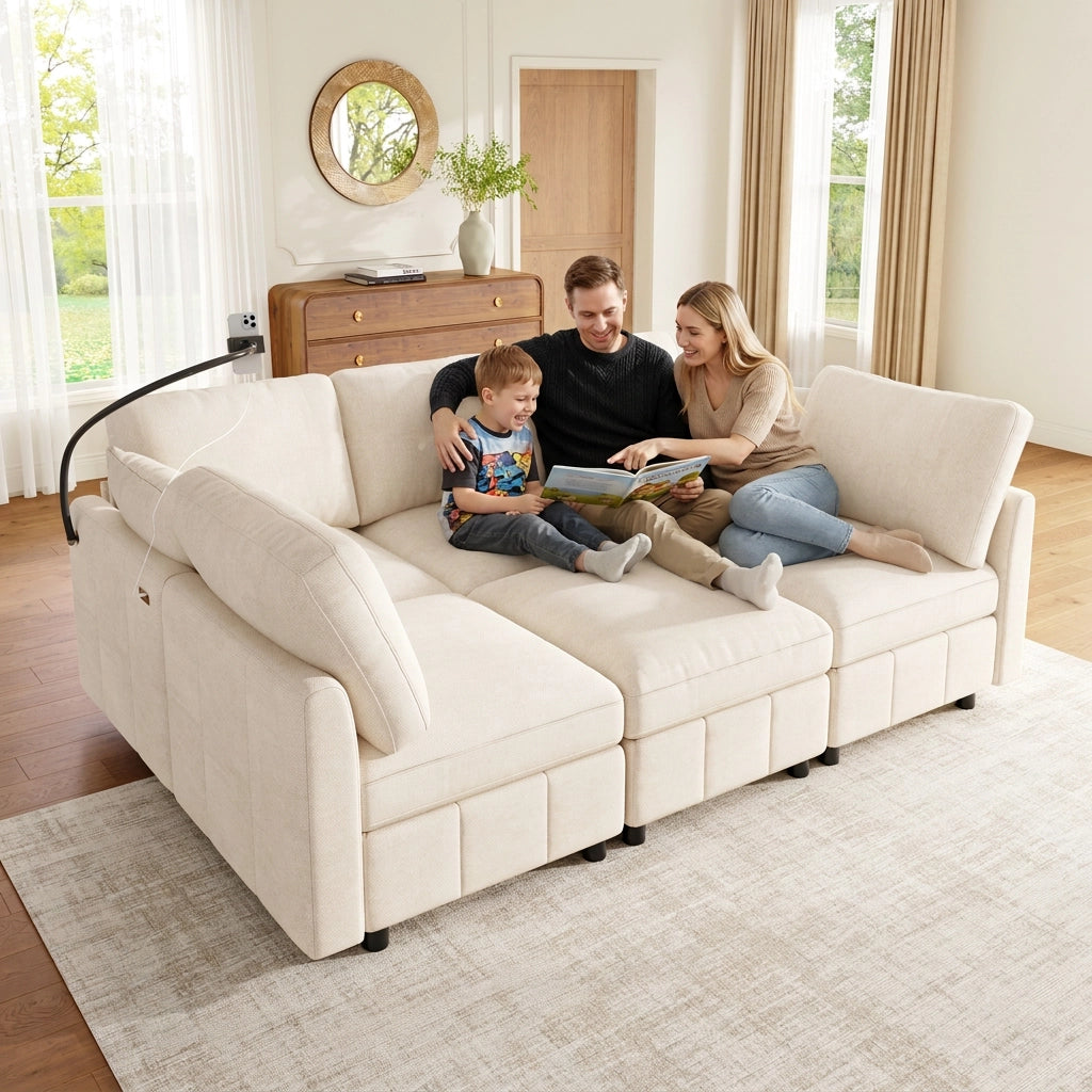 Divano ad angolo modulare 218 x 157 x 85 cm Sedili 6; forma a U/L; pouf mobile; cuscini 2; USB / Type-C 24 W; porta telefono; ciniglia; beige