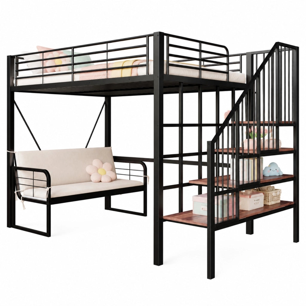 Letto a castello 140x200 cm nero con divano removibile, scala contenitore e struttura in metallo