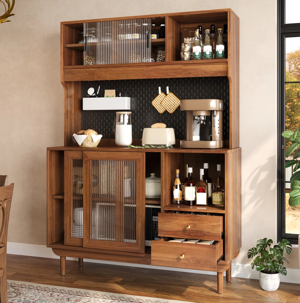 Credenza da cucina 117x30x170 cm con ante scorrevoli in vetro rigato e cassetti noce HAVRYA