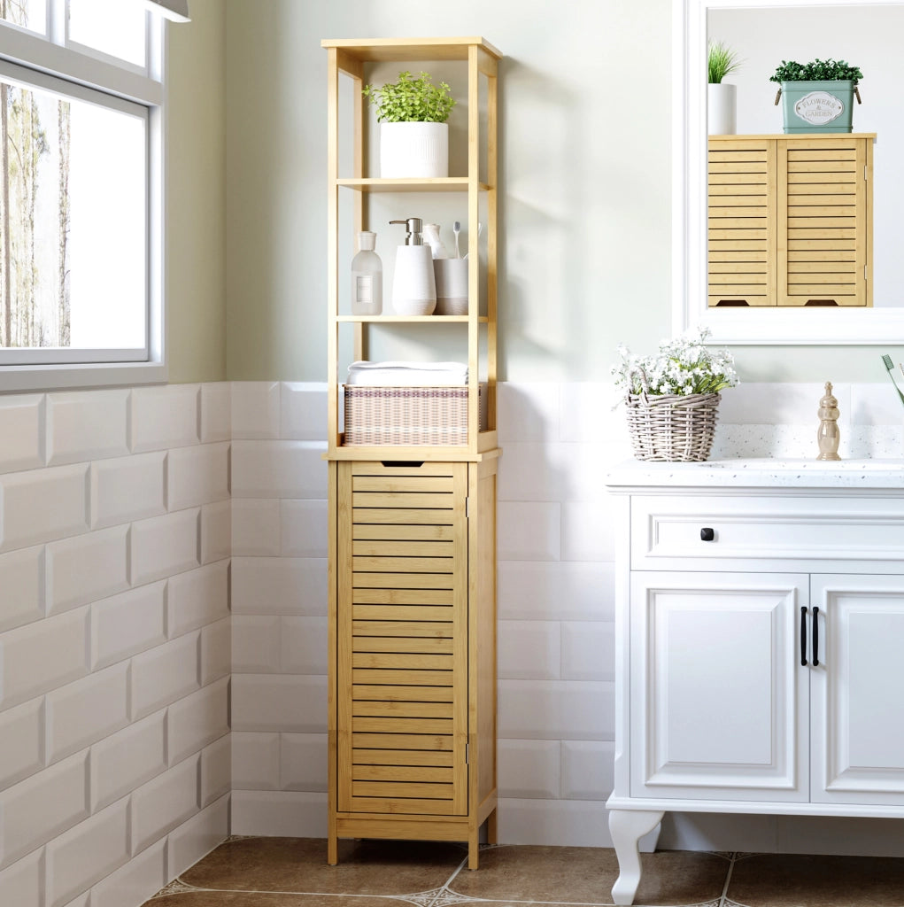 Mobiletto da bagno in bambù 34x30x173 cm con 3 ripiani aperti e 1 anta, stabile e salvaspazio