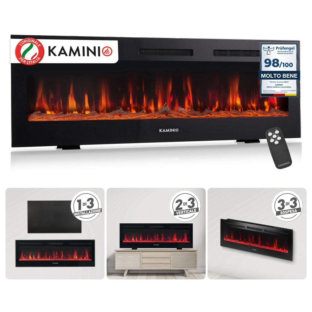 KAMINIO Camino elettrico MARLON - Camino elettrico 3 in 1 con riscaldatore, effetto fiamma 3D, 12 colori di fiamma, telecomando - 60 pollici