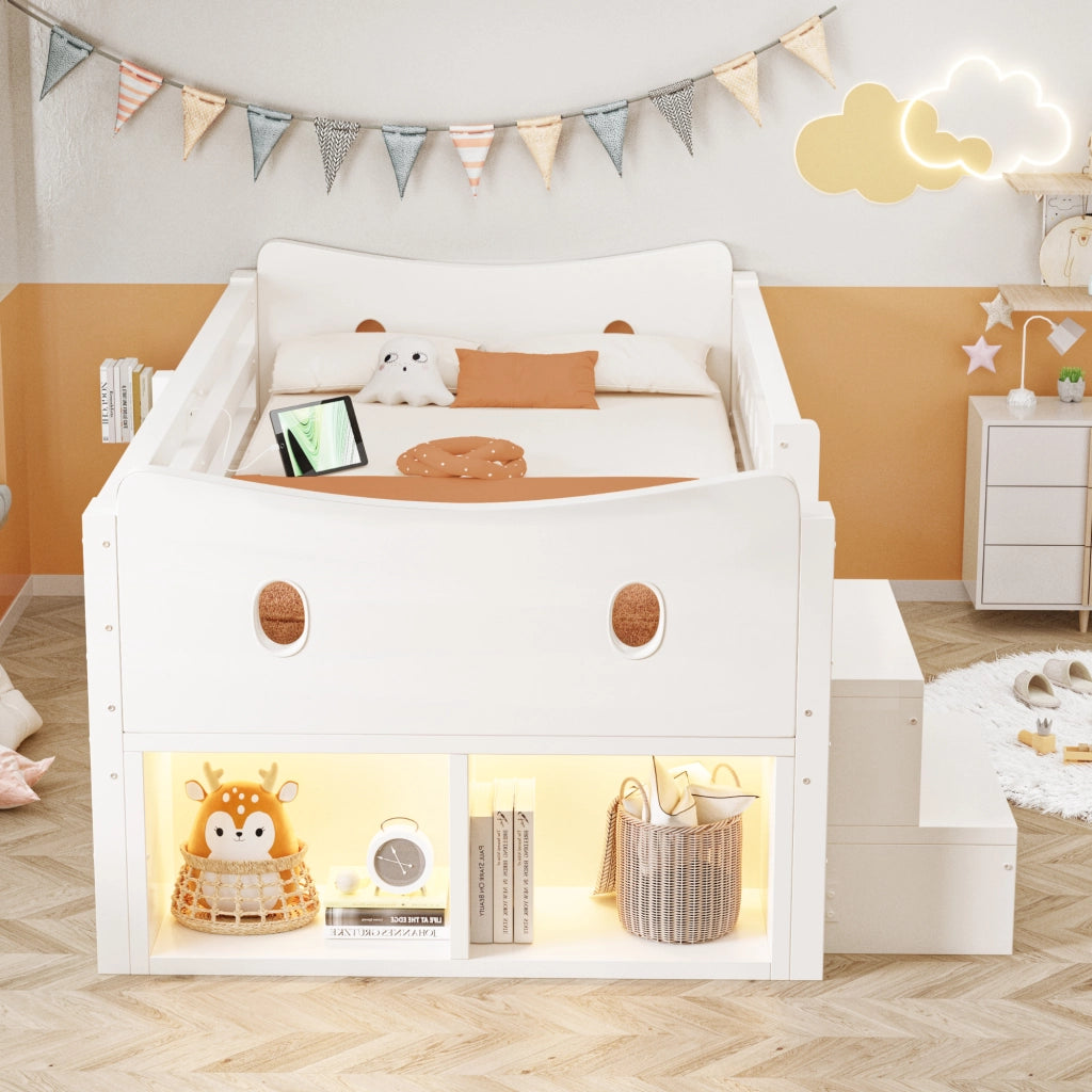 Letto con cassetti 90 × 200 cm con gradini laterali; barriere di protezione; LED; USB e porta Type-C in legno bianco