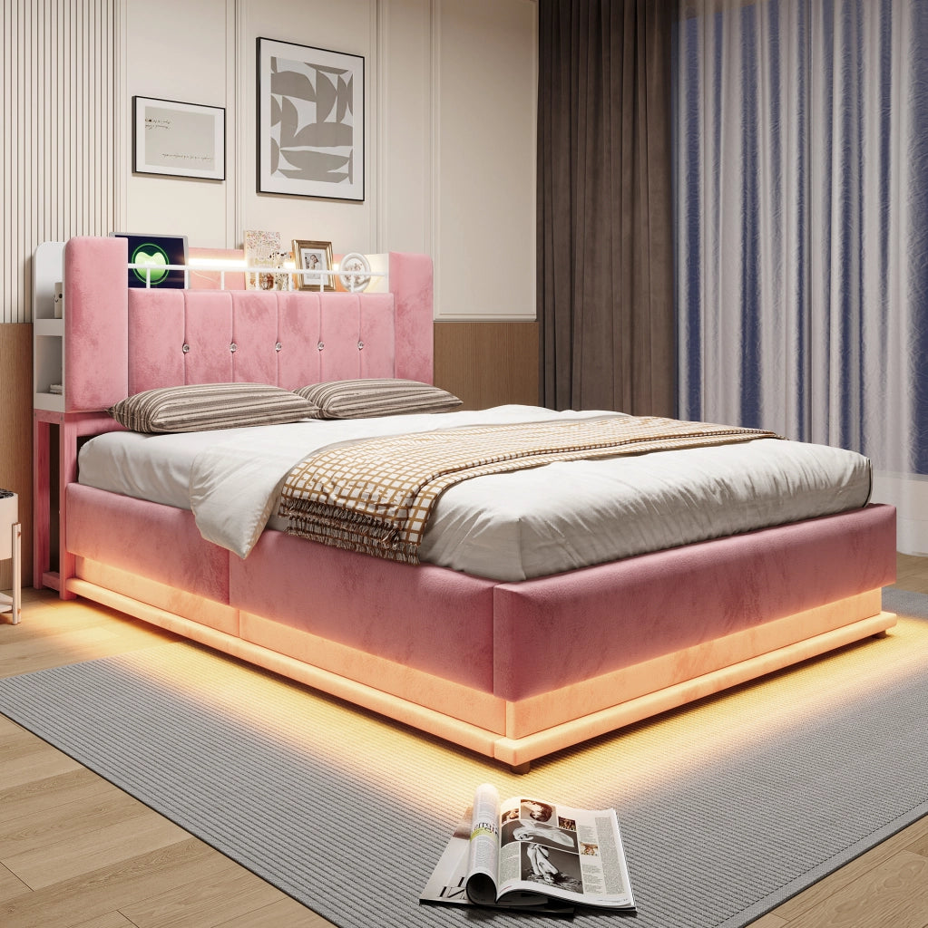 Letto contenitore 140x200 cm in MDF, metallo e velluto rosa con LED e USB senza materasso
